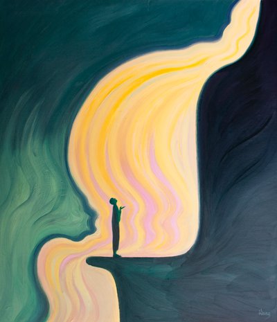 私たちがキリストの名によって祈るとき、父は私たちに恵みの滝を注ぎます、2001年（船上の油） 作： Elizabeth Wang