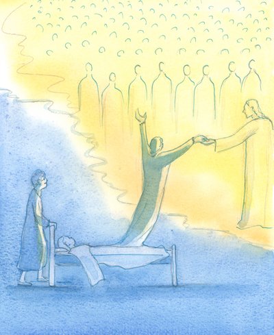 天国の準備ができている聖なる魂は、キリストだけでなく、彼の聖なる母とすべての聖人たちによっても出会われます、2003年（紙にw - c） 作： Elizabeth Wang