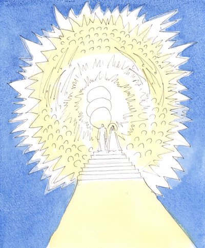 主は私に、天国は神の栄光に満ちた円形の領域のようであり、三人の神の人と天使と聖人によって占められていることを私に示しました、2004年（紙にw - c） 作： Elizabeth Wang