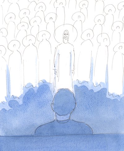 私たちが祈るとき、聖徒たちはキリストと共に私たちの周りにいます。彼らは私たちの心の中の愛、そして私たちが彼らを称えるすべての敬虔な言葉と身振りで喜び、三人の神の人を崇拝し、賞賛します。 作： Elizabeth Wang