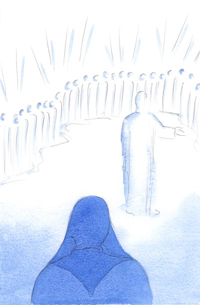 天国の聖徒たちは、私たちのキリストへの愛と私たちの良い行動を喜んでいます。なぜなら、天国のすべての喜びが共有されているからです。2002年（紙にw - c） 作： Elizabeth Wang