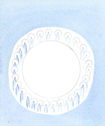 三人の神の人は団結し、神の頭の団結の中で活発に活動しています。まるで絶え間ない聖体拝領のように、2003年（紙にw - c） 作： Elizabeth Wang