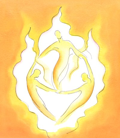 一つの神である三人の神は、永遠に、絶え間なく、途切れることなく、至福で、相互に完全な愛を授受することで「占領」されています、2002年（紙にw - c） 作： Elizabeth Wang