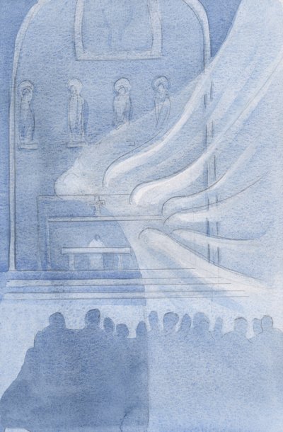 天使たちは2001年の聖体拝領でキリストを崇拝している（紙にw - c） 作： Elizabeth Wang