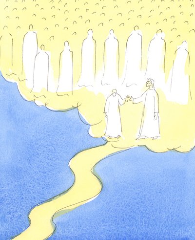 キリストとその隣人を愛し、最後まで頑張ってきた祝福された魂は、キリストの手によって導かれ、彼女を会社に迎えるために集まった天の友人たちに会います。2004年 作： Elizabeth Wang
