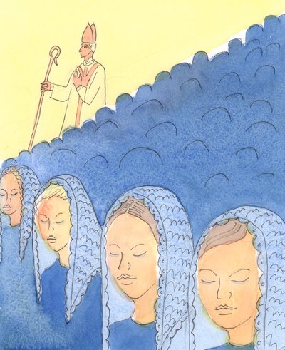頭の覆いと覆いを外すことは司教たちにとって重要である、2004年（紙にw - c） 作： Elizabeth Wang