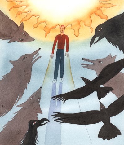 邪悪な者は働いており、神を愛し、善を行いたいと願う人々を怖がらせ、追いかけ、食い尽くすためにできる限りのことをしています。2004年（紙にw - c） 作： Elizabeth Wang