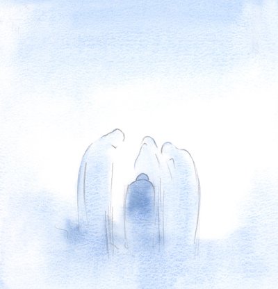 悪い夢に怯えた子供を両親が慰めるように、聖徒たちは大きな懸念を抱いて前かがみになりました。、2001年（紙にw - c） 作： Elizabeth Wang