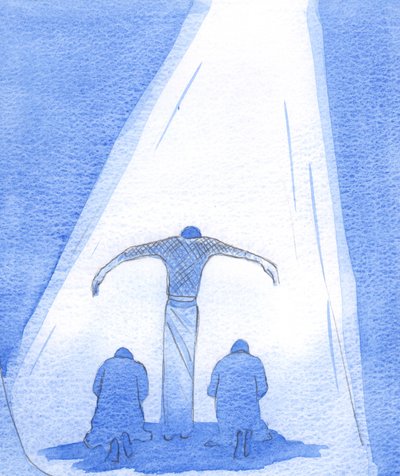 苦しんでいる救い主は、悔い改めた人々を保護するために、腕を伸ばして立っています。そして父は、2002年に彼の息子を天から愛情を込めて見ています（紙にw - c） 作： Elizabeth Wang