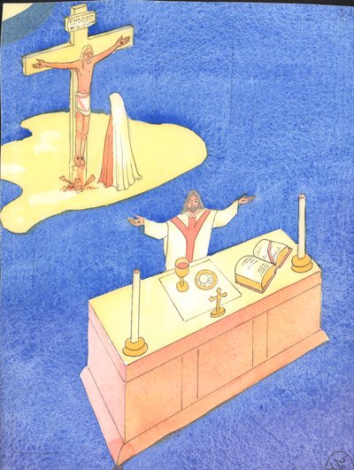最後の晩餐で制定された聖体を通して、2001年のすべての世代でカルバリーの犠牲が再提示されます（紙にw - c） 作： Elizabeth Wang