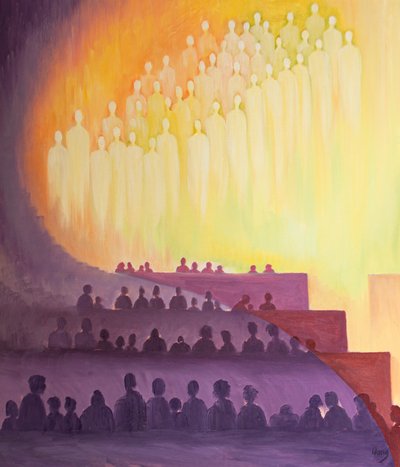 聖霊を通して、私たちはミサで聖人と天使たちと一つの賛美の犠牲、2000年（船上の油）で団結します 作： Elizabeth Wang