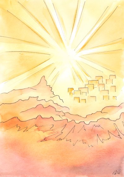 神との至福の一致で地上に住むことは、まるで天の都の端、山の頂上、下の暗い道のはるか上にあるかのように生きることです（紙にw - c） 作： Elizabeth Wang