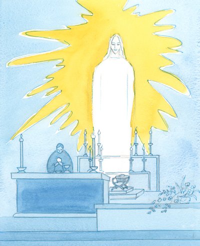 確かに、私たちの神であるキリストは私たちの前に存在します、体、血、魂、そして神性：私たちに代わって父に祈るためにすべてのミサに栄光をもって存在します、2003年（紙にw - c） 作： Elizabeth Wang