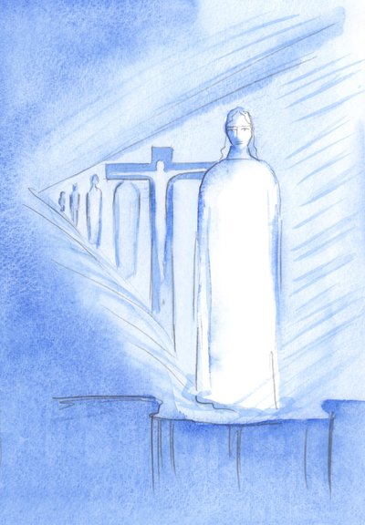 私たちは祭壇の祝福された秘跡でキリストに会うことができます。彼の人と彼の存在の中で、私たちはキリストの人生のあらゆる段階に触れることができます、2001年（紙にw - c） 作： Elizabeth Wang