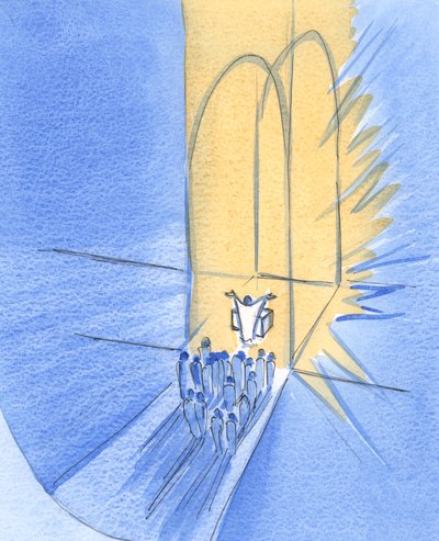 祭壇の前に立つ私たちは、神ご自身によってここに集められました。私たちは彼の輝かしい友情、2002年の真っ只中のキリストに住んでいます（紙にw - c） 作： Elizabeth Wang