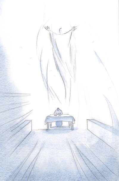 キリストの祭壇でのご自身の犠牲とは、なんというごちそうなのでしょう。彼の天使たちは彼らの復活した主の栄光に喜んでいます。、2001年（紙にw - c） 作： Elizabeth Wang