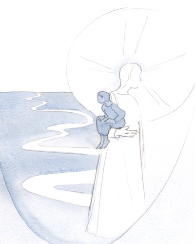 私がキリストに頼るとき、静かな祈りの中で、私は彼の活力と喜びに運ばれる小さな子供のようです。、2000年（紙にw - c） 作： Elizabeth Wang