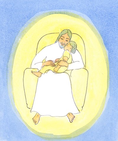 キリストの友人が聖体拝領で彼を受け入れるが、病気で疲れて祈ることができないとき、彼女はキリストが病気の子供を抱くのと同じように、キリストが彼女を愛情深い世話で「抱きしめている」と確信することができます。 作： Elizabeth Wang