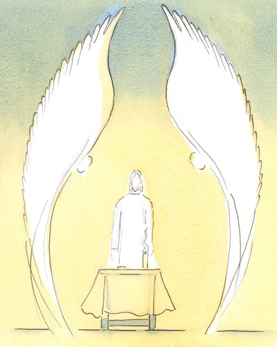 祝福された秘跡が病人の家に運ばれるとき、そこに秘跡的に存在するのは本当にキリストであり、いつものように彼を愛し崇拝する天使たちによって守られています。、2004年（紙にw - c） 作： Elizabeth Wang