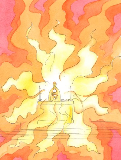 パンとワインがキリストの聖なる体と血に変えられたとき、私たちの救い主である神の小羊である彼は実質的に存在します：復活したキリスト、彼の神の栄光の火の中で、2003年 作： Elizabeth Wang