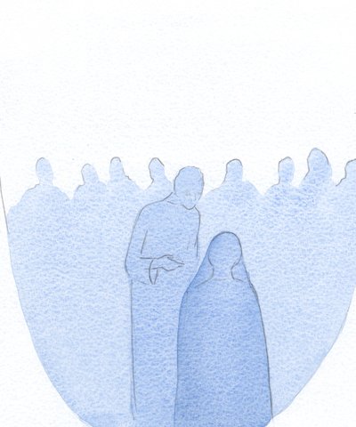 子供イエスが神殿で発見されたとき、彼は前かがみになり、彼の仕事がすでに始まっていることを彼の聖母に（無限の親切で）静かに説明しました。、2001年（紙にw - c） 作： Elizabeth Wang