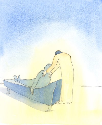 私たちが病気で、キリストが聖体拝領で私たちのところに来るとき、それはまるで彼が私たちがソファに横になるのを手伝うことを主張しているようです、2003年（紙にw - c） 作： Elizabeth Wang