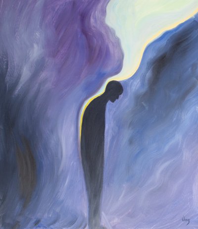 私たちが聖母に煉獄の魂のために祈るように頼むとき、彼女はそうします、そして神の浄化の恵みはなだめるような香油のように彼らに注がれます、2001年（船上の油） 作： Elizabeth Wang