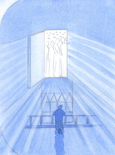私たちが神とその聖人を称えるとき、教会、遺物、殉教、習慣によって神聖にされた神社で、聖人たちは私たちを助ける喜びのために「歓喜」します、2002年（紙にw - c） 作： Elizabeth Wang