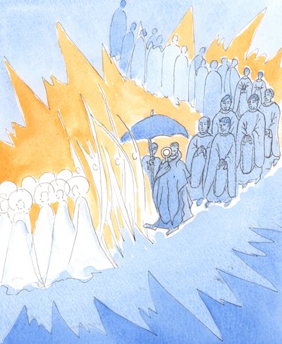 私たちが祝福された聖餐式でイエスの臨在を称えるときはいつでも、天使と聖人が私たちの礼拝に参加します、2004年（紙にw - c） 作： Elizabeth Wang