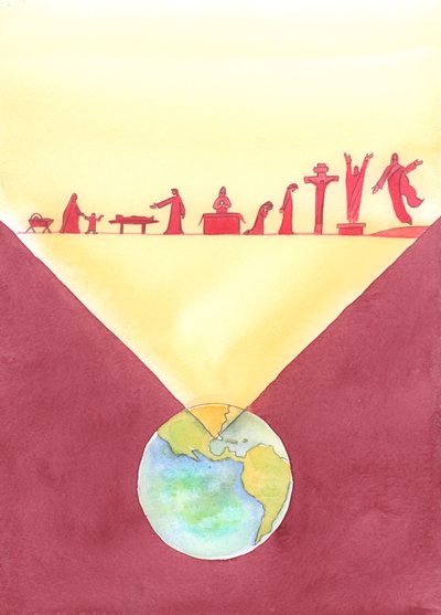 ミサが祝われるところはどこでも、存在する人々はキリストの贖いの仕事の全体に存在し、地上での彼の人生の間に達成され、2004年の十字架での彼の死を含みます（紙にw - c） 作： Elizabeth Wang