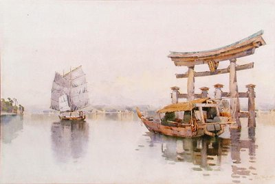 厳島神社の入り口にある鳥居、宮島、日本（紙に水彩） 作： Ella Du Cane