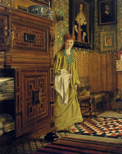 1873年、リージェンツパークのタウンゼンドハウスのダッチルームに入るアルマタデマ婦人、ローラの肖像画 作： Ellen Gosse