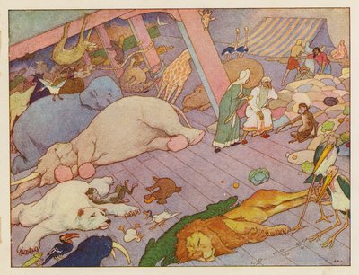 ノアの方舟：箱舟の内部（カラーリトグラフ） 作： Elmer Boyd Smith