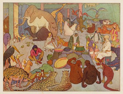 ノアの方舟海での生活（カラーリトグラフ） 作： Elmer Boyd Smith