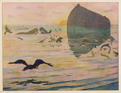 ノアの方舟：カラスが送り出される（カラーリトグラフ） 作： Elmer Boyd Smith