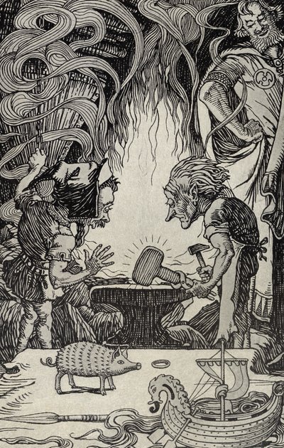 第三の贈り物巨大なハンマー、多くの土地の神話のイラスト、1912年発行 作： Elmer Boyd Smith