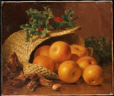リンゴ、ヘーゼルナッツ、ホリーのある静物、1898 作： Eloise Harriet Stannard