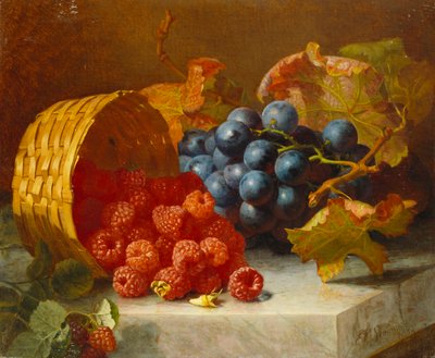 ラズベリーと大理石の棚にあるブドウの房のある静物、1882年 作： Eloise Harriet Stannard