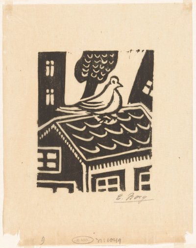 屋根の上の鳩 作： Else Berg (signed by artist)