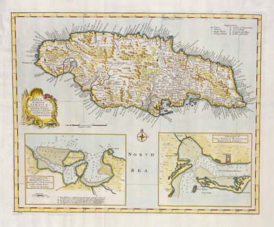 主要な教区に分割されたジャマイカ島の地図 1760 年頃 (手描きの彫刻) 作： Emanuel Bowen