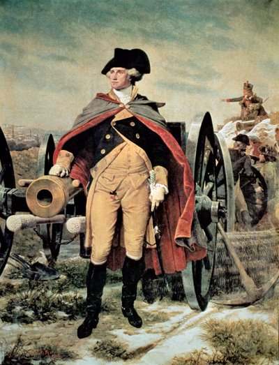 ジョージ・ワシントン、マサチューセッツ州ドーチェスターハイツにて（カラーリトグラフ 作： Emanuel Gottlieb (after) Leutze