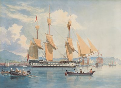 アンカーで横になっていて、リオデジャネイロ沖で帆を乾かしているHMSガンジス 作： Emeric Essex Vidal
