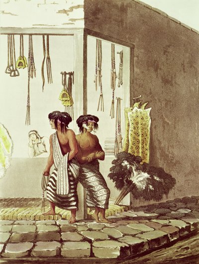J.ブラック（fl.1791-1819）1820によって刻まれた「ブエノスアイレスとモンテビデオの絵のようなイラスト」からのブエノスアイレスのインド市場の店にいるパンパインディアン 作： Emeric Essex Vidal
