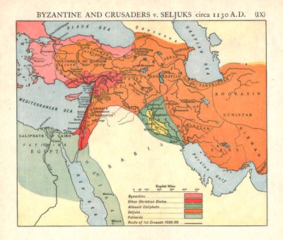 「ビザンチンと十字軍対セルジュークス、西暦 1130 年頃」、1915 年頃。 作： Emery Walker Ltd