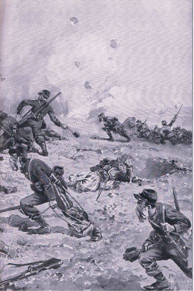 Les Spangesでのフランス軍の手榴弾攻撃（「The Illustrated History of World War 1914-1915」（Union Berlagsefellfchaft社））。 作： Emil (after) Limmer