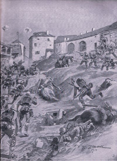 1914年8月、ラガルドのアシャッフェンベルク第2バイエルン猟兵大隊（『図説 世界大戦の歴史1914-1915』（Union Berlagsefellfchaft）より 作： Emil (after) Limmer