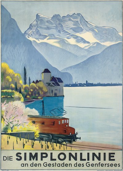 Simplonlinie &39;、ジュネーブ湖周辺の鉄道旅行を宣伝するポスター（カラーリトグラフ） 作： Emil Cardinaux