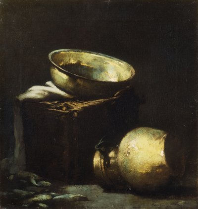 銅鍋と黒魚のある静物 作： Emil Carlsen
