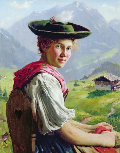 山の風景の帽子の少女 作： Emil Karl Rau