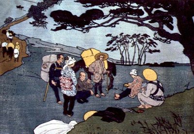 日本の山道で休憩する旅行者 作： Emil Orlik